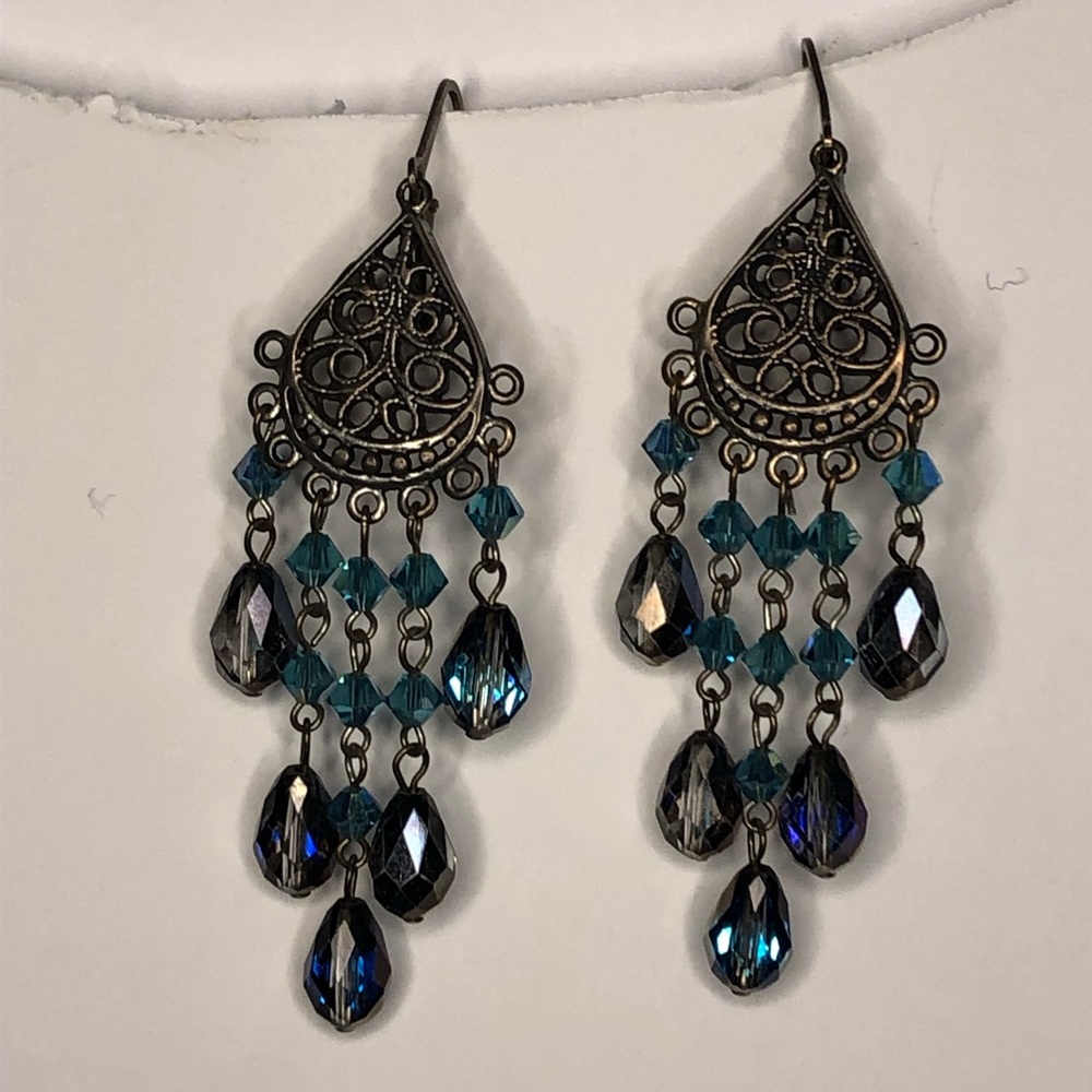 Handmade Sterling silver boho earrings w/ Swarovski crystals in charcoal & aqua - Picture 7 of 11